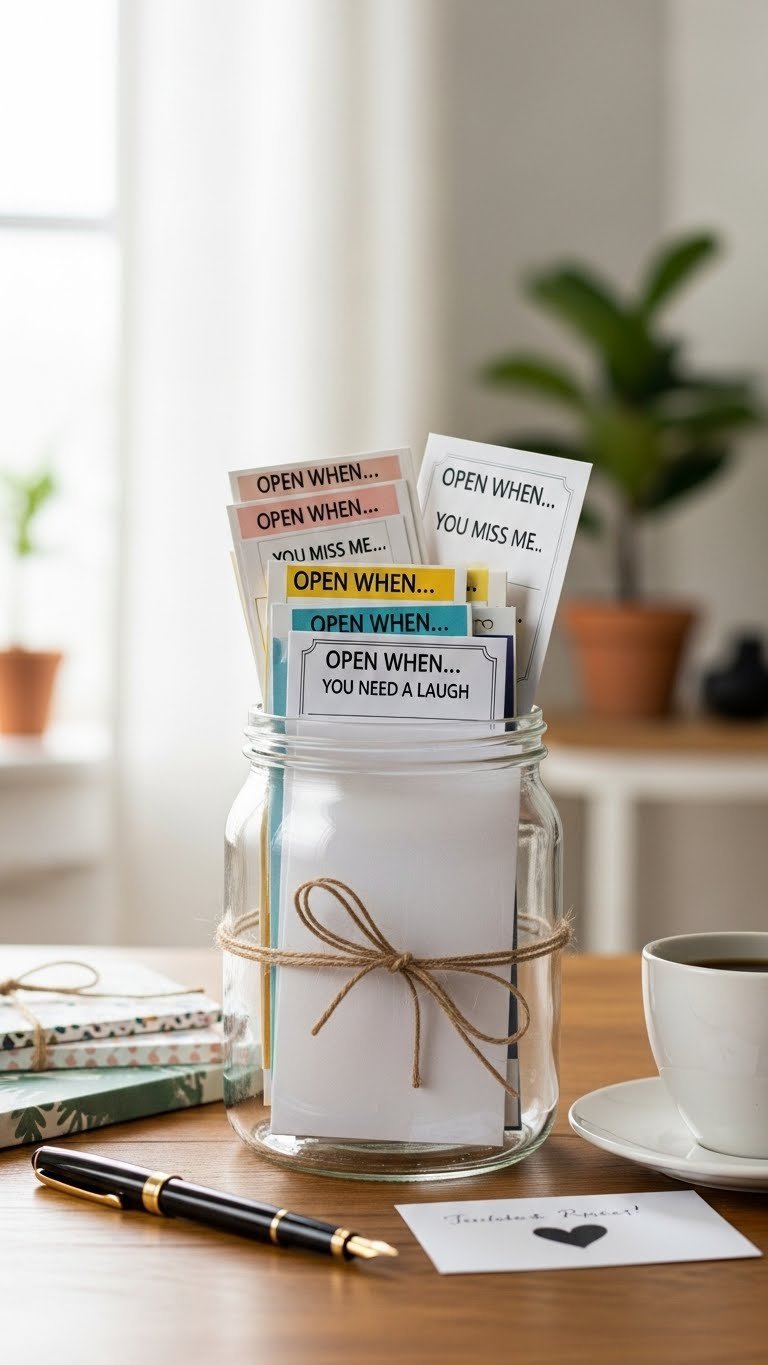 Clear glass jar filled with personalized Open When letters tied with rustic twine on wooden table with vintage pen and coffee