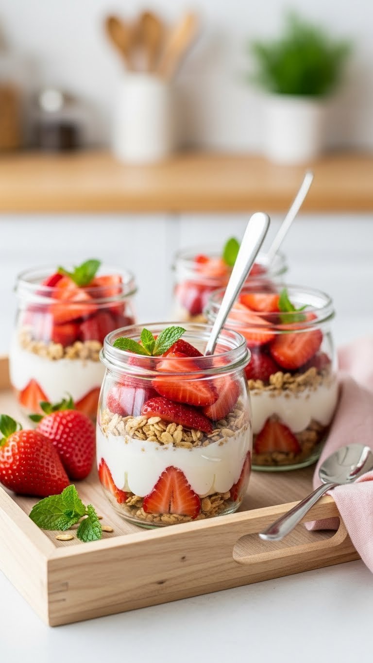Clear glass jars with layered strawberry yogurt parfaits and granola on a natural wooden tray with soft bokeh background