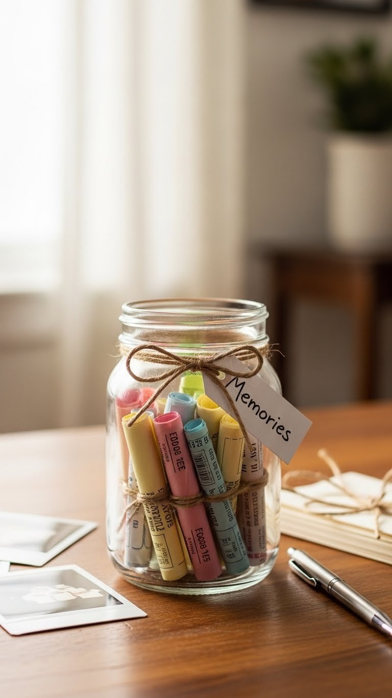 Clear glass memory jar filled with colorful rolled notes and mementos tied with rustic twine bow on warm wooden surface