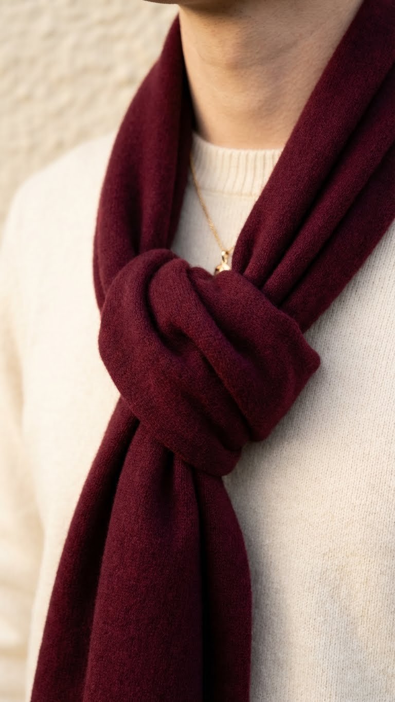 Close-up: deep burgundy cashmere winter scarf tied in an elegant Parisian knot, complementing a classic crew-neck sweater.