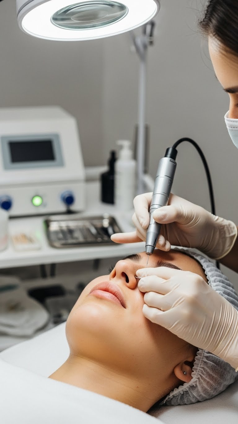 Close-up electrolysis treatment on sensitive facial skin with fine needle targeting hair follicles