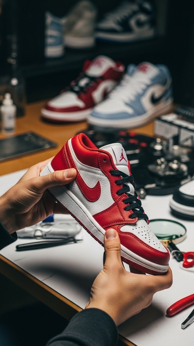 Close-up examination of Air Jordan 1 Low Valentine's Day sneaker stitching and details with magnifying glass