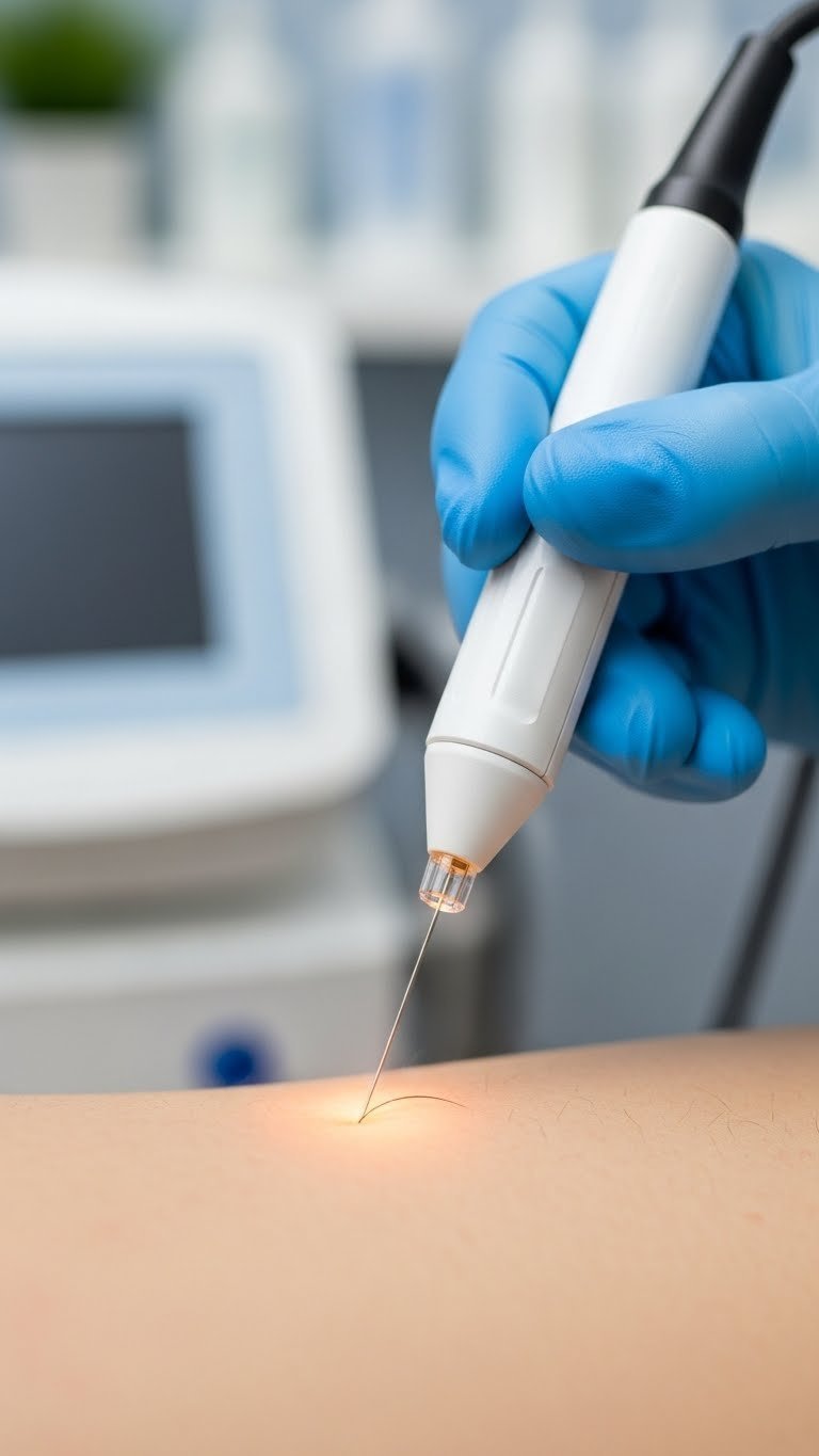 Close-up macro photograph of sterile electrolysis probe inserted into hair follicle with subtle electrical glow on smooth skin