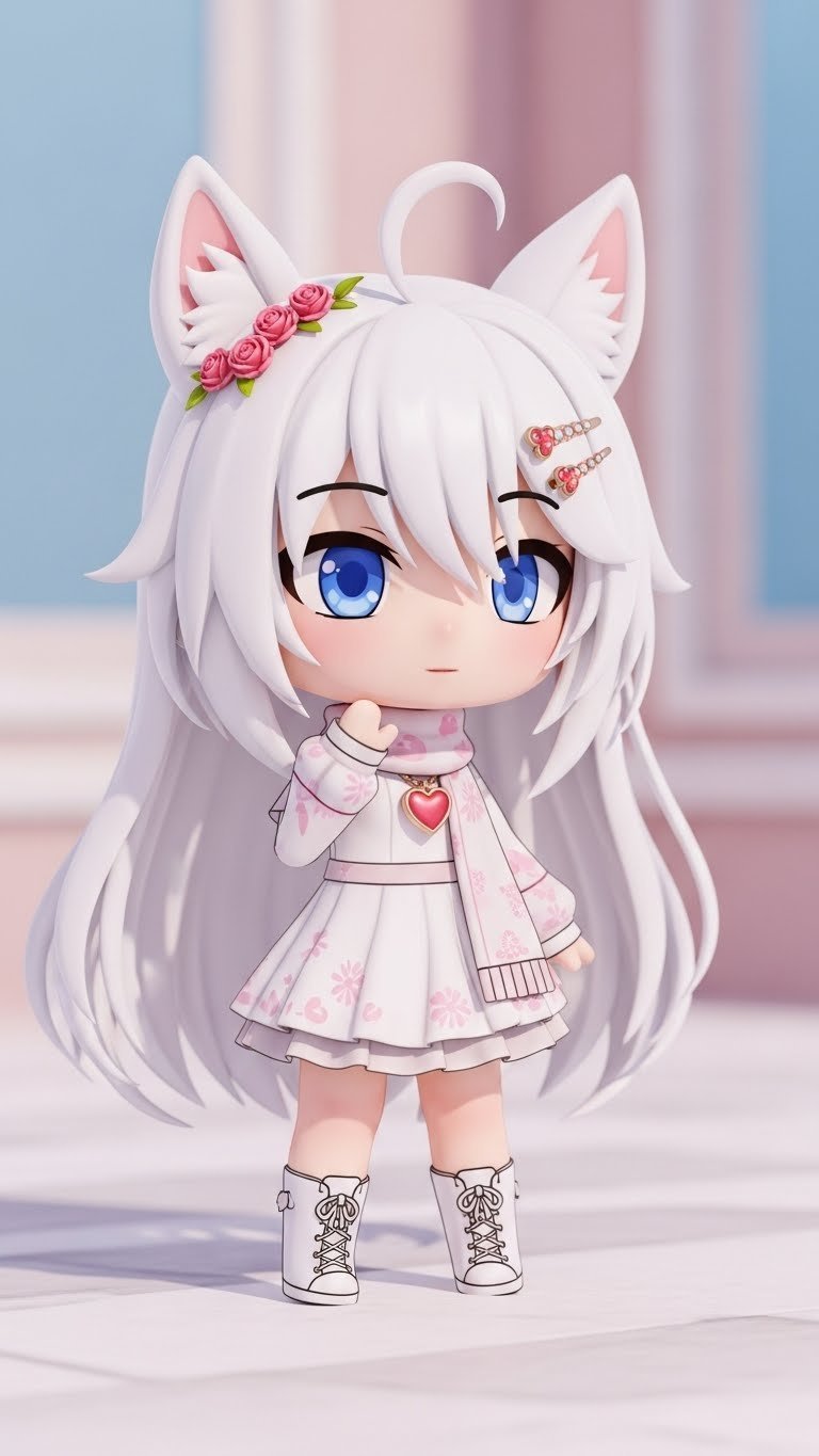 Close-up macro shot of Gacha character wearing heart-themed accessory with intricate details against soft pastel gradient background.