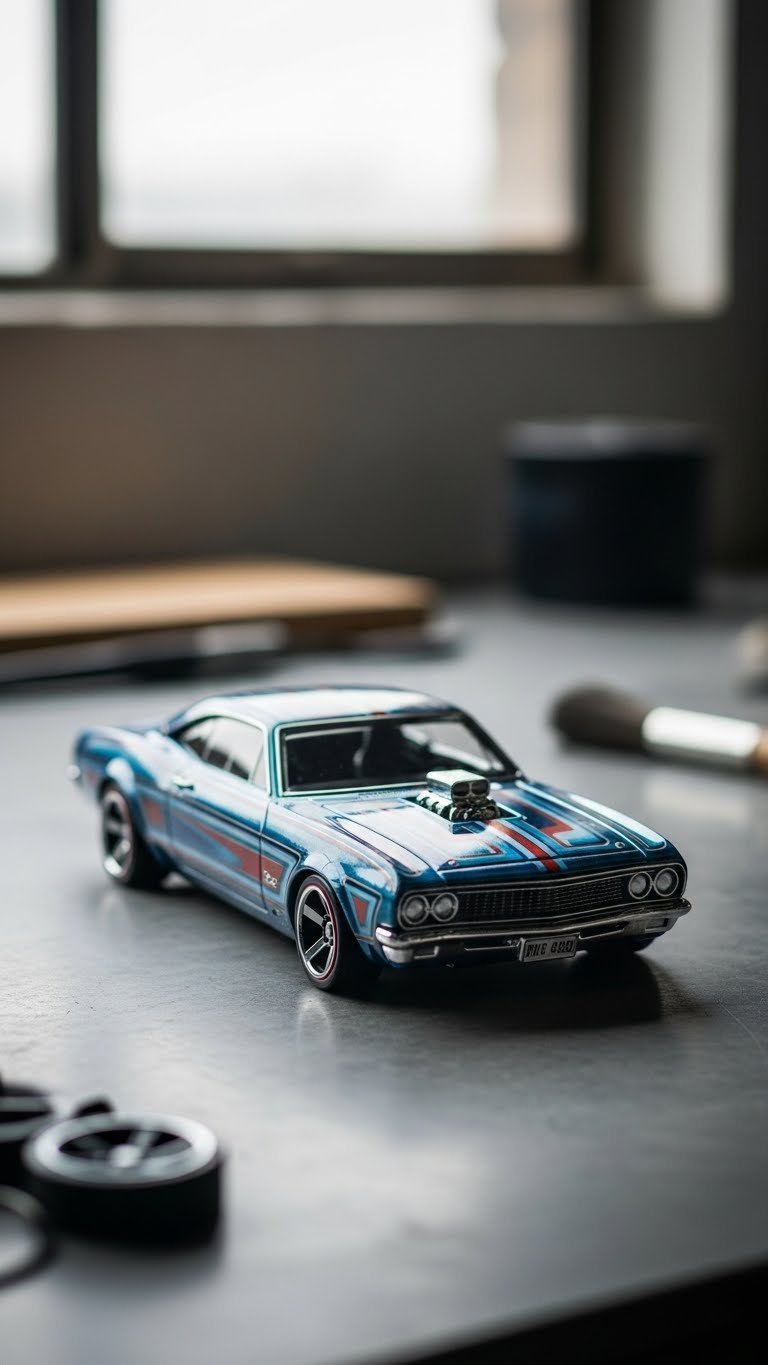 Close-up macro shot of a custom-built Hot Wheels car with intricate metallic blue paintwork and detailed wheels on a minimalist gray concrete surface.
