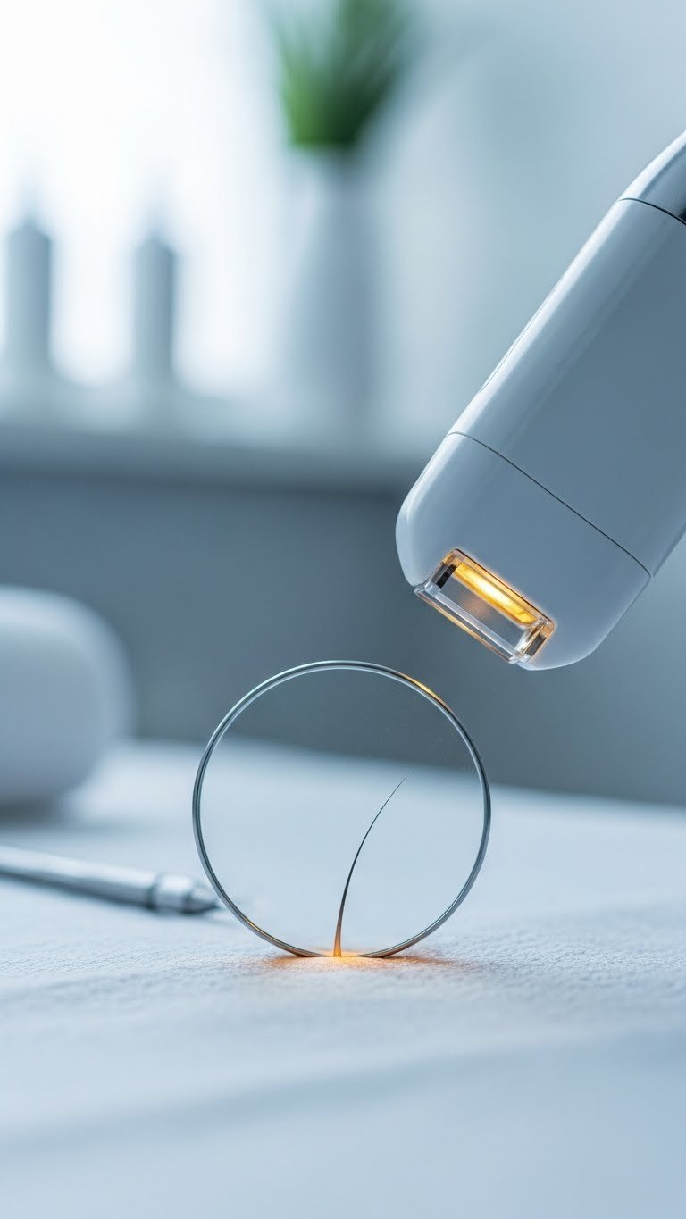 Close-up macro shot of laser beam targeting hair follicle for permanent hair removal treatment