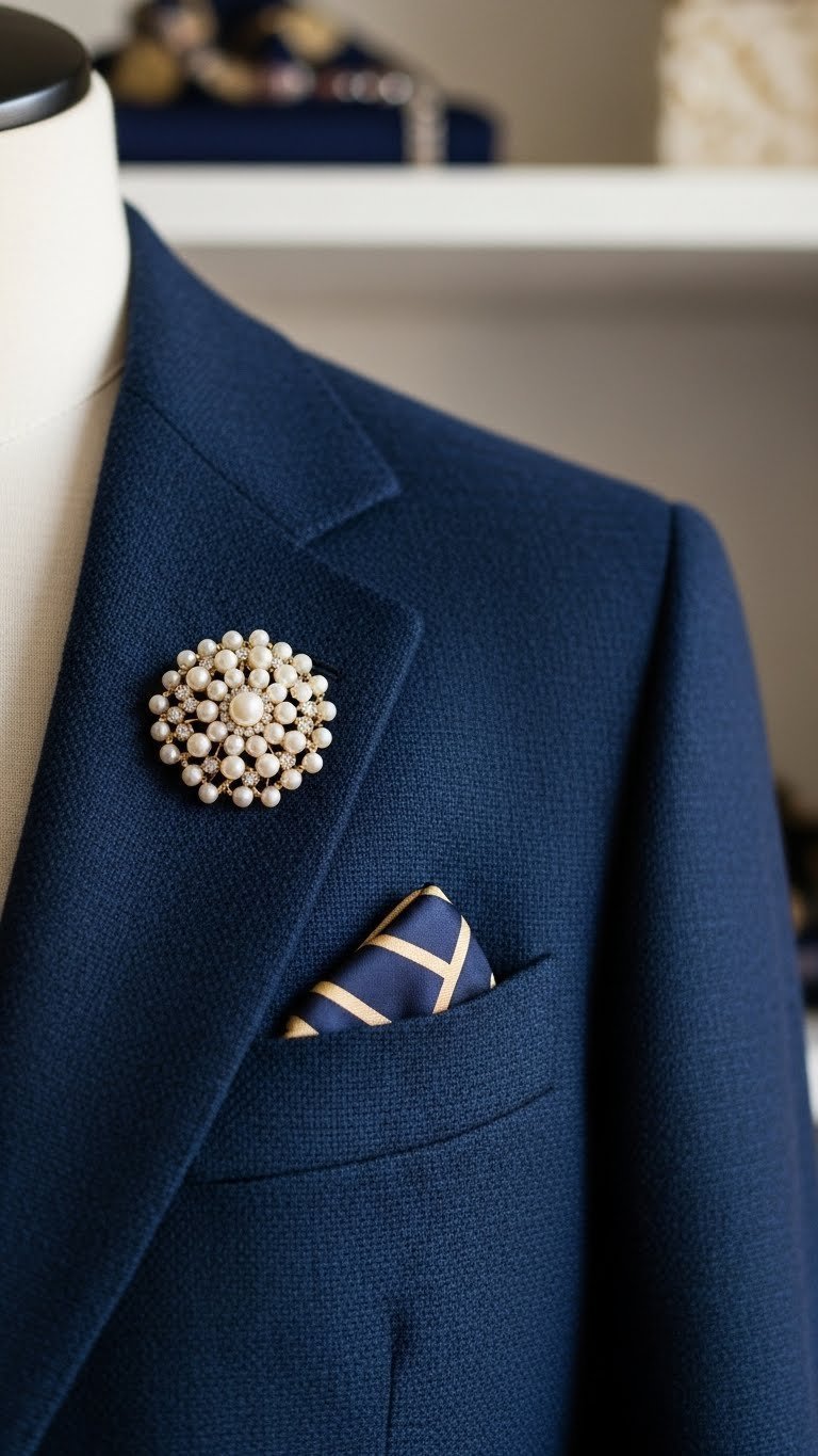 Close-up macro shot of navy blue wool blazer with vintage pearl brooch pinned to lapel detail