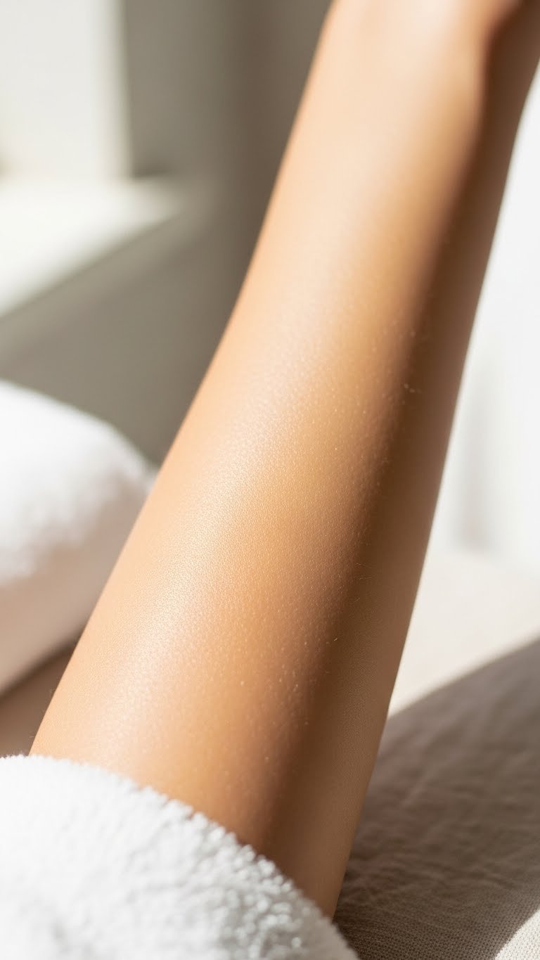 Close-up macro shot of smooth radiant skin showing no visible hair regrowth with soft bokeh background in warm cream tones