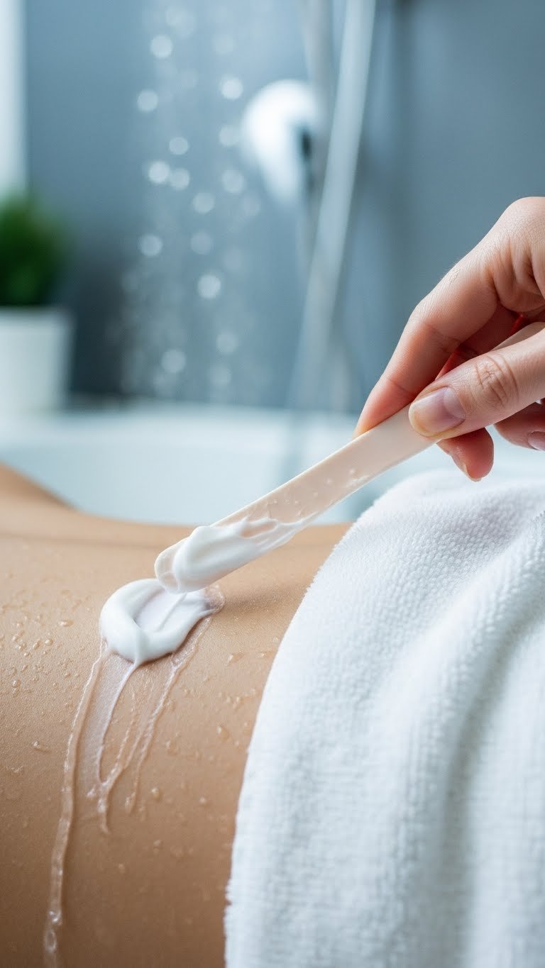 Close-up macro shot of spatula gently scraping away hair removal cream revealing smooth skin
