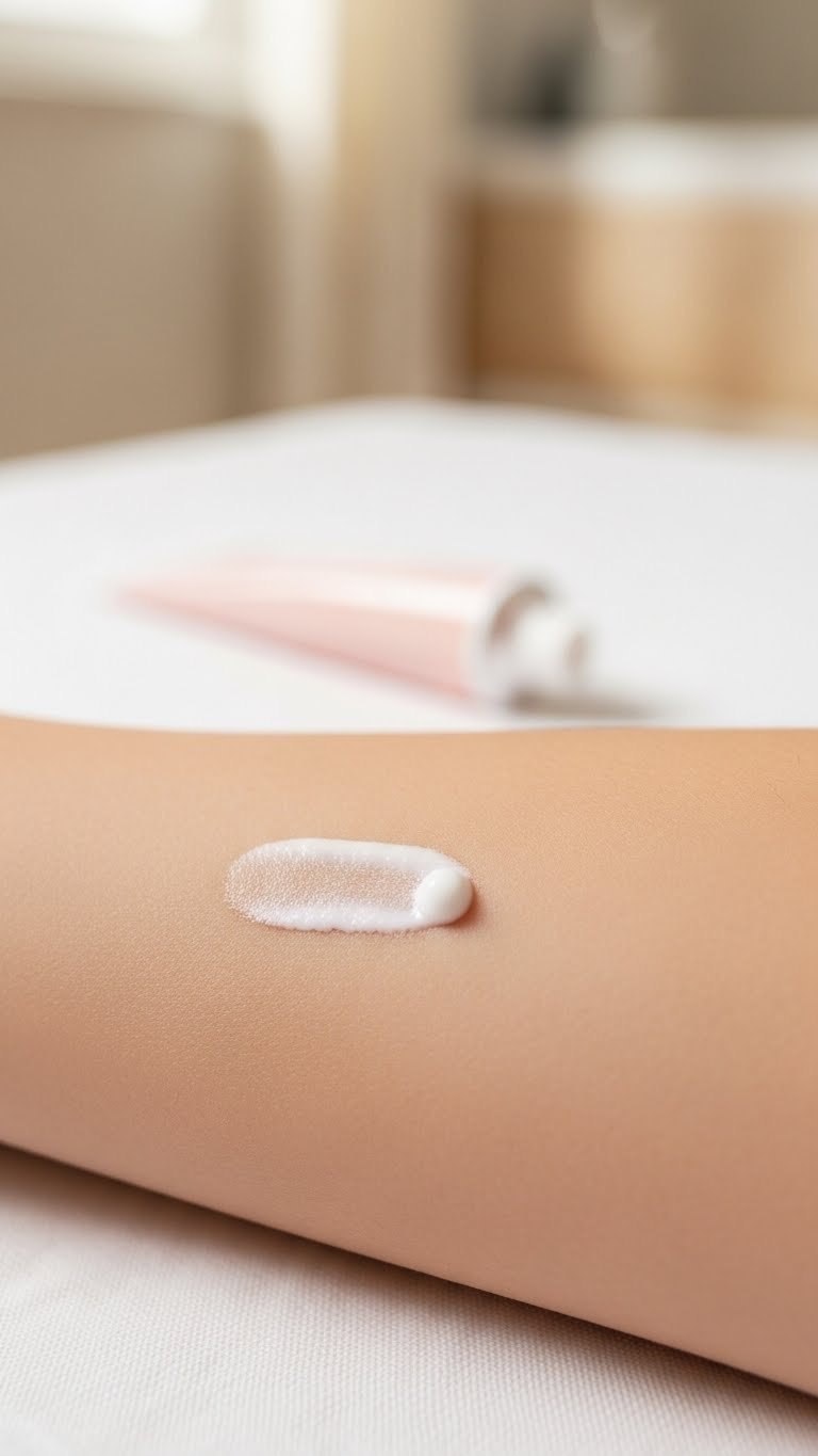Close-up macro shot showing white depilatory cream patch test on smooth inner arm skin with soft bokeh background