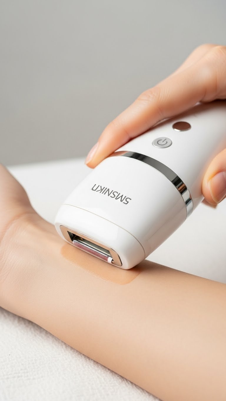 Close-up of 5minskin device applied to forearm skin showing precise hair removal treatment contact