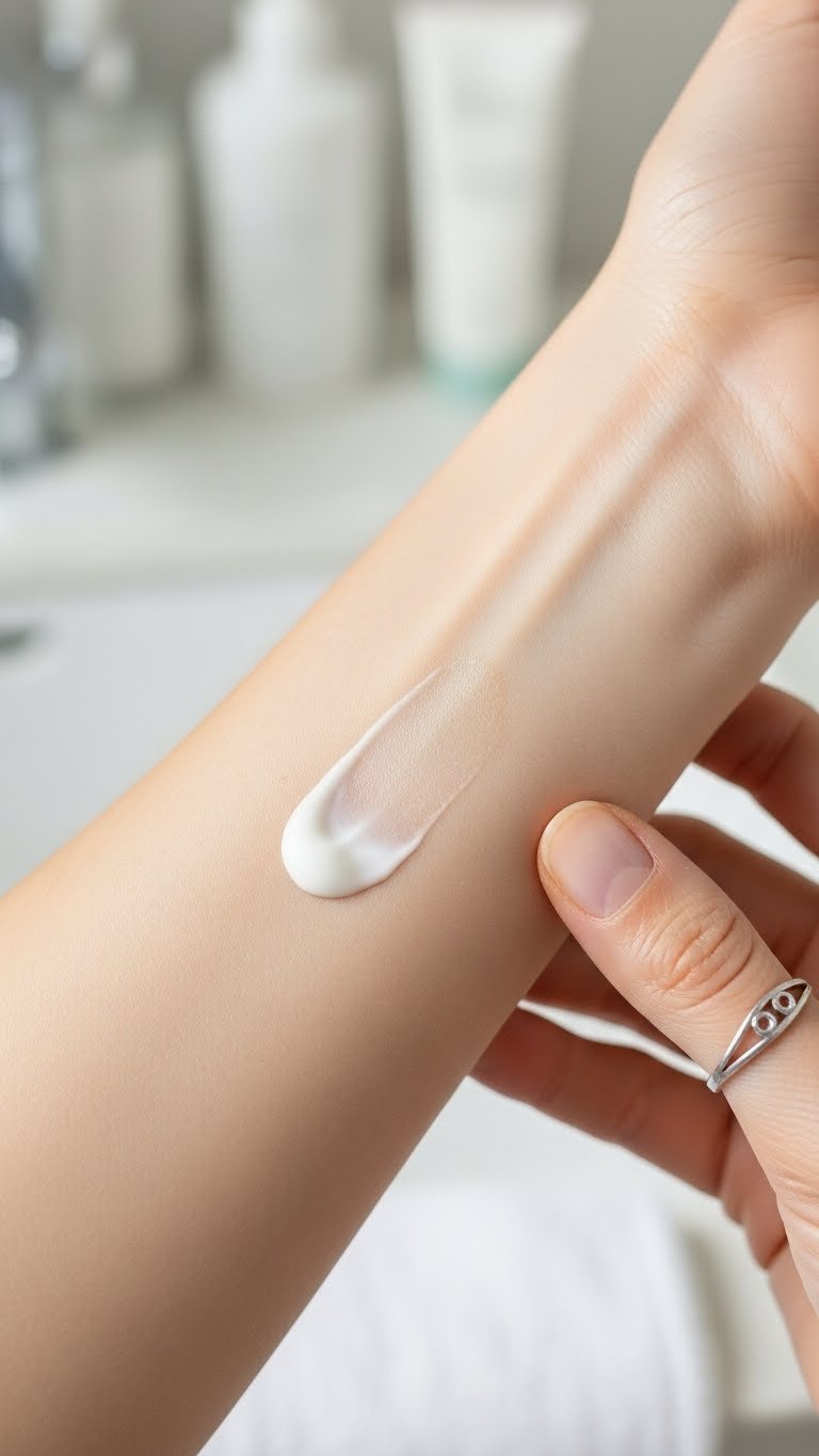 Close-up of Flamingo hair removal cream applied to fair skin on inner arm with soft bathroom background.