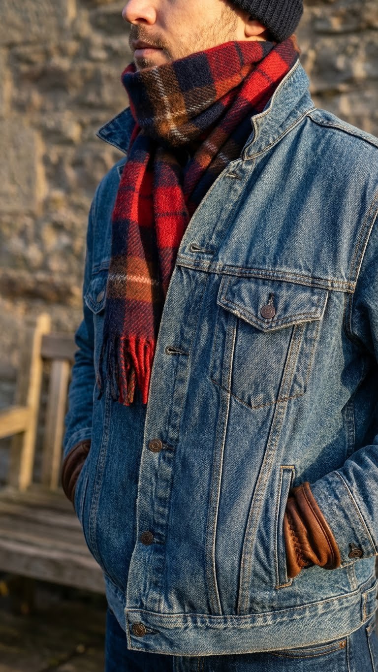 Close-up of Levi's classic blue denim trucker jacket, styled with chunky plaid scarf, knit beanie, cold weather accessories.