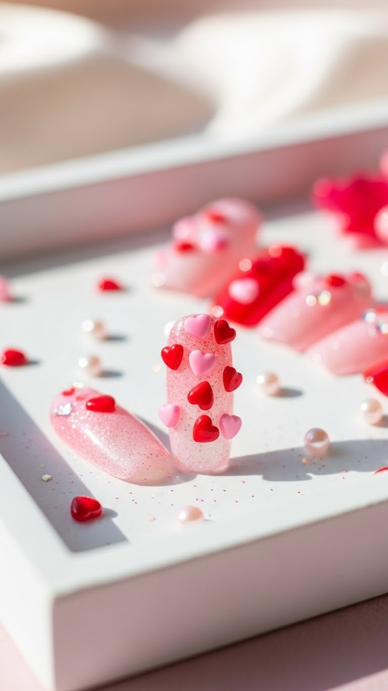 Close-up of Valentine's Day junk nail with pink and red heart charms on glitter base, soft natural lighting on white tray background