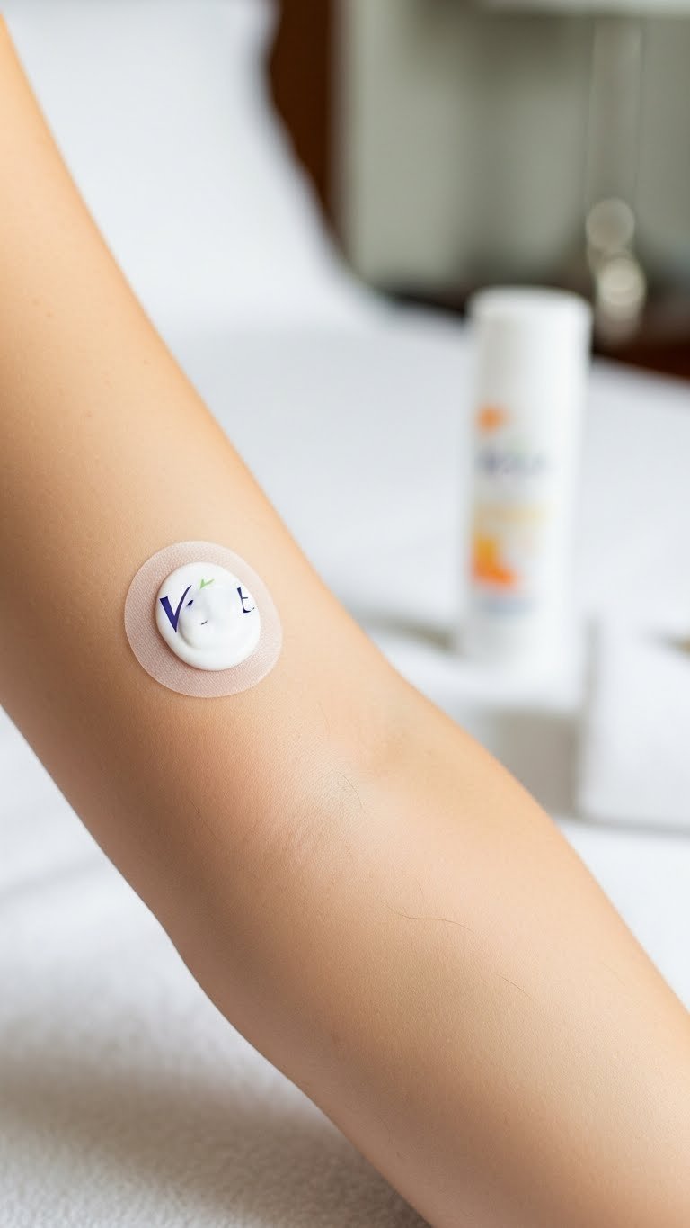 Close-up of Veet hair removal cream patch test on inner arm showing white cream applied to light skin for safety testing