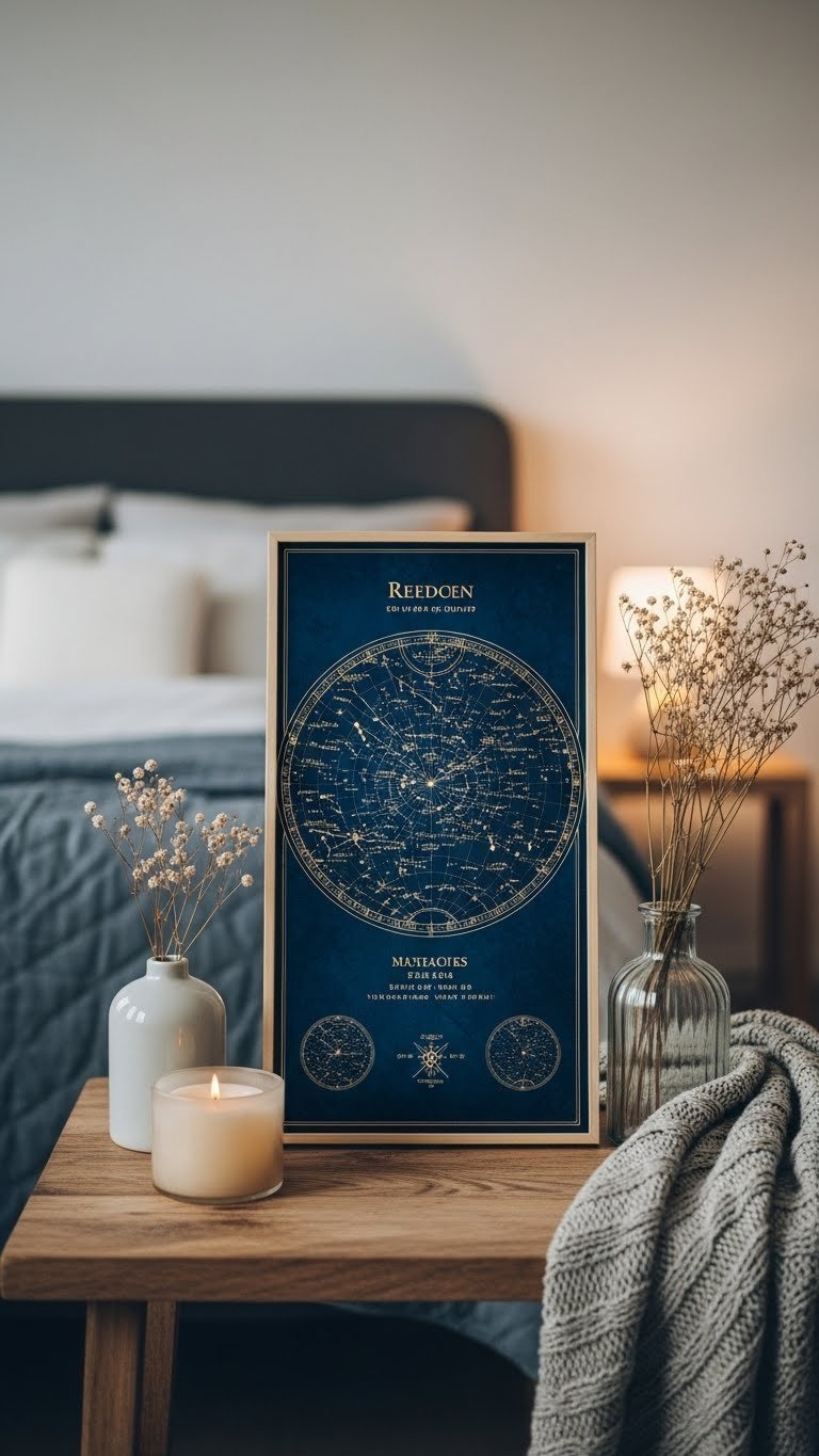Close-up of a beautifully printed star map canvas showing constellations and celestial bodies with warm ambient lighting on rustic wooden table