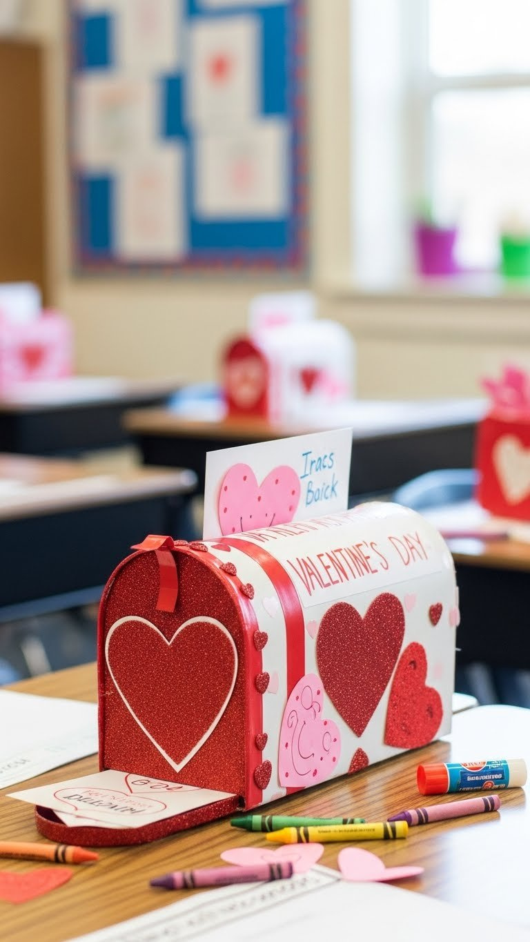 Close-up of a decorated Valentine's Day mailbox shoebox with glitter and construction paper hearts on a first-grade classroom desk