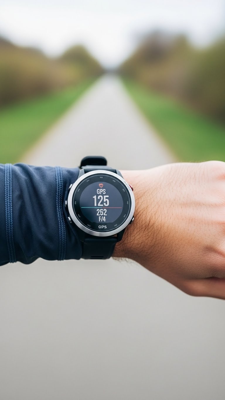 Close-up of a high-performance GPS running watch on a male runner's wrist displaying metrics against a blurred scenic trail background.