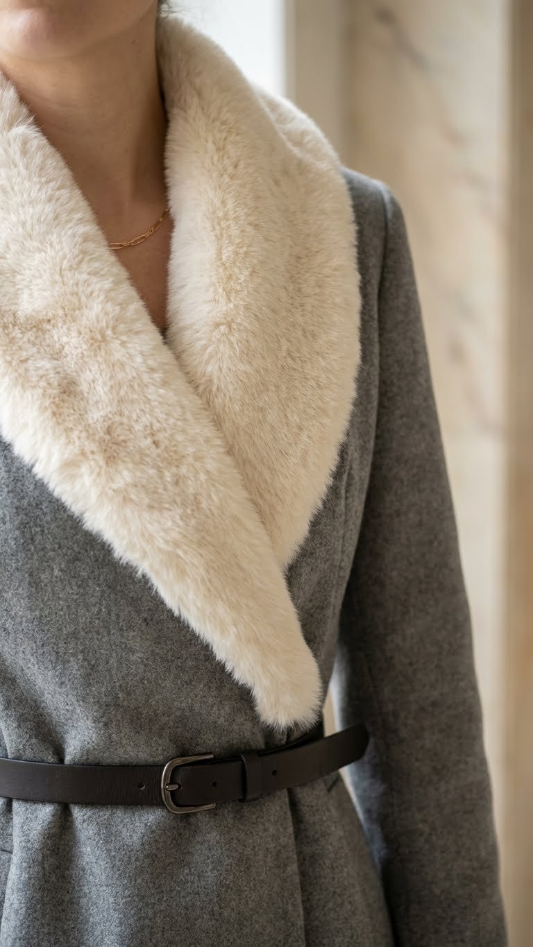 Close-up of a luxurious cream faux fur scarf tucked into a belted gray wool coat, showcasing elegant winter texture.