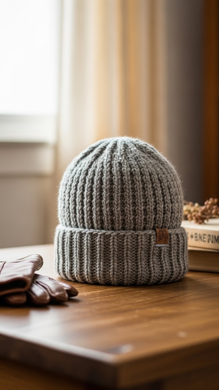 Close-up of a masculine heather gray ribbed beanie showcasing detailed crochet texture against rustic wooden background