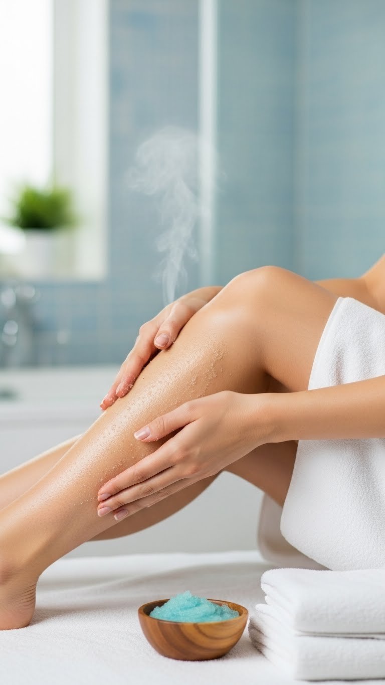 Close-up of a person gently exfoliating their leg with body scrub on a white towel in a spa-like bathroom setting