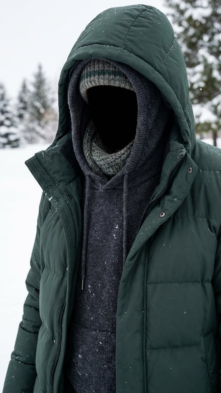 Close-up of a person in a large textured puffer coat and dark hoodie in a snowy evergreen setting. Cozy layered winter fashion.