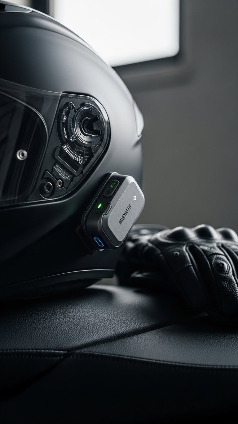 Close-up of a sleek motorcycle helmet with modern Bluetooth intercom system mounted discreetly on the side against a soft bokeh background