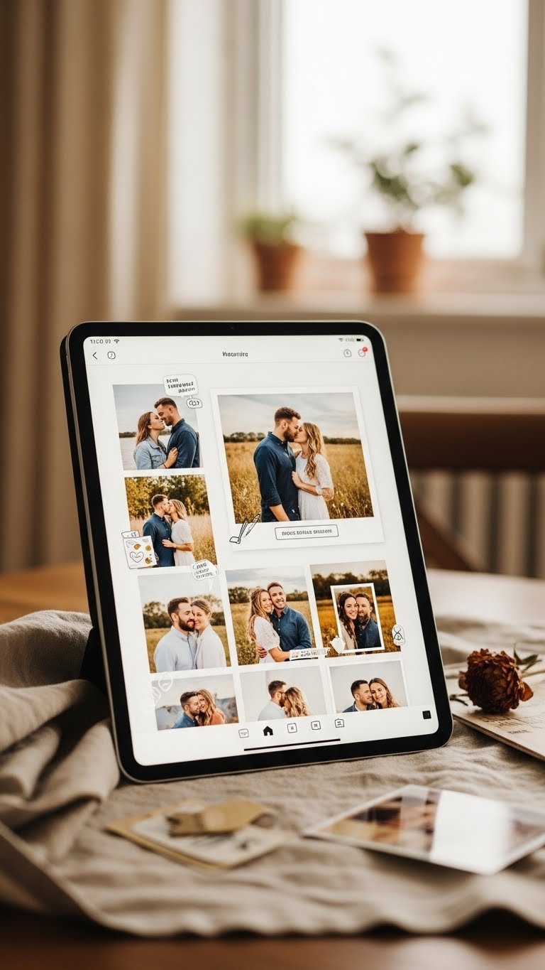 Close-up of a vibrant personalized digital scrapbook page on a tablet screen displaying happy couple photos with subtle animated GIF elements.