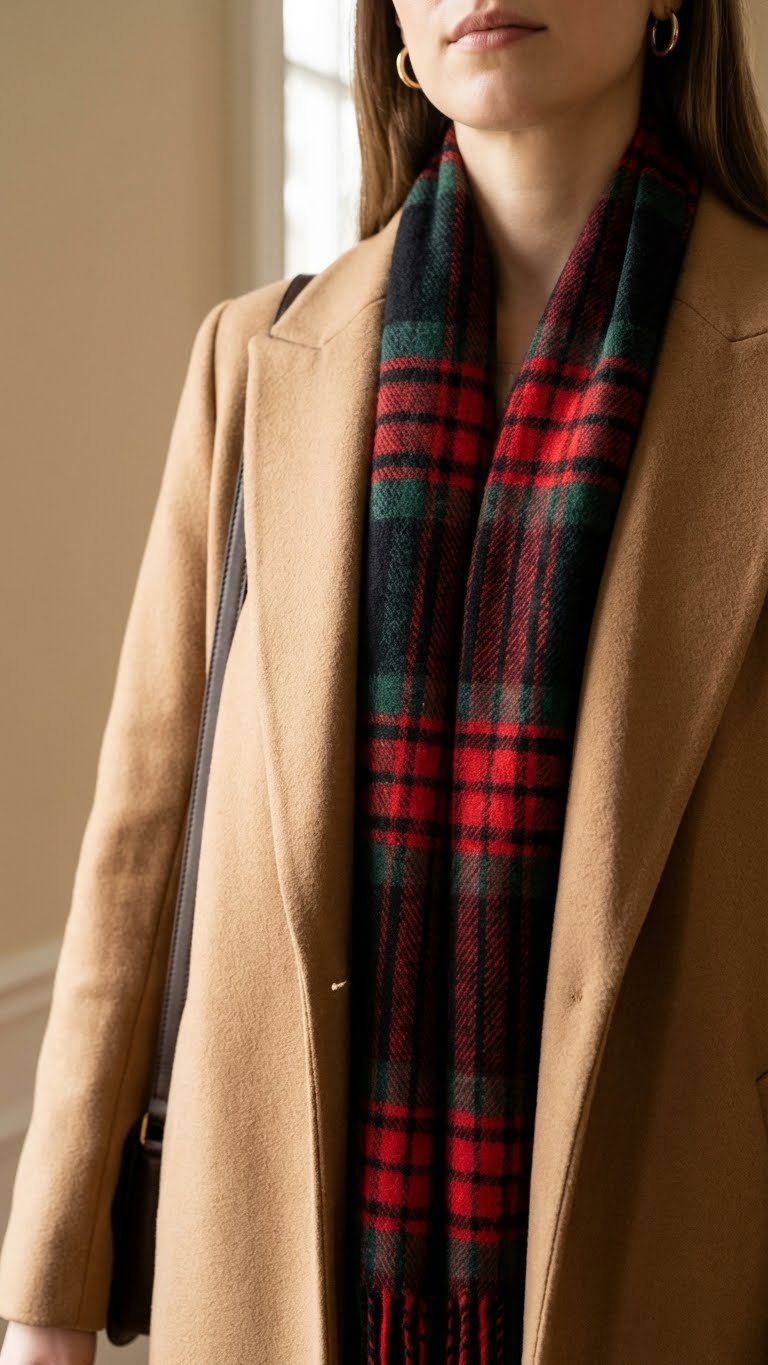 Close-up of a vibrant red, black, green tartan plaid scarf tucked into a camel wool coat. Cozy winter fashion.