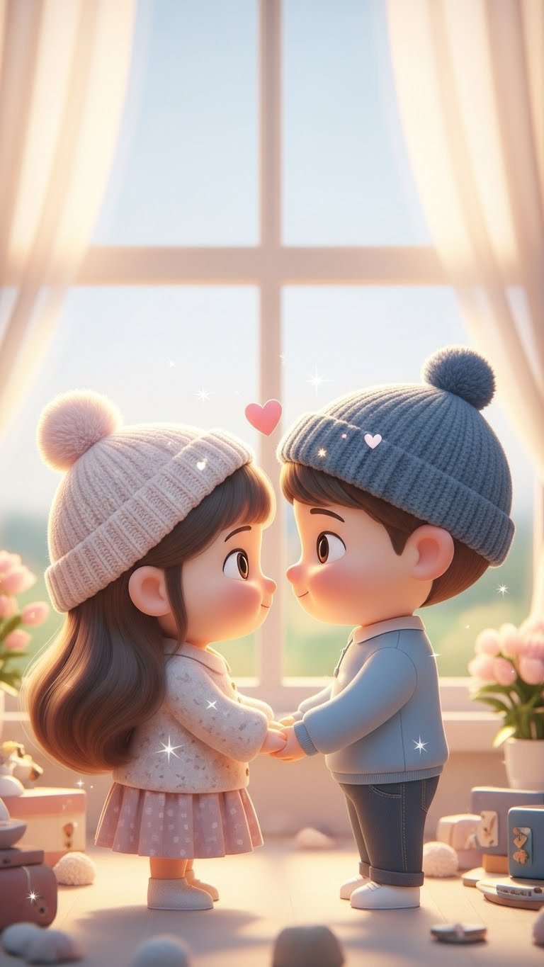 Close-up of adorable animated couple holding hands with soft pink and blue color palette against blurred pastel background