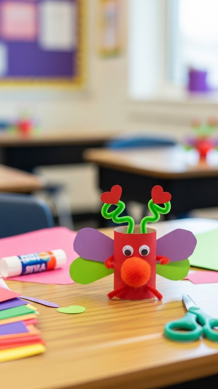 Close-up of adorable handmade love bug craft with pom-pom body and pipe cleaner antennae on desk