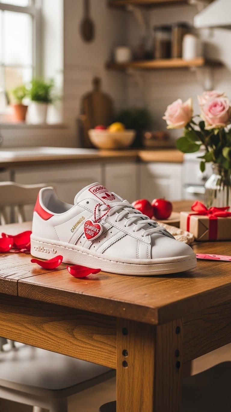 Close-up of an Adidas Campus 00s Valentine's Day sneaker with subtle heart emblem and lace charms on a rustic wooden table.