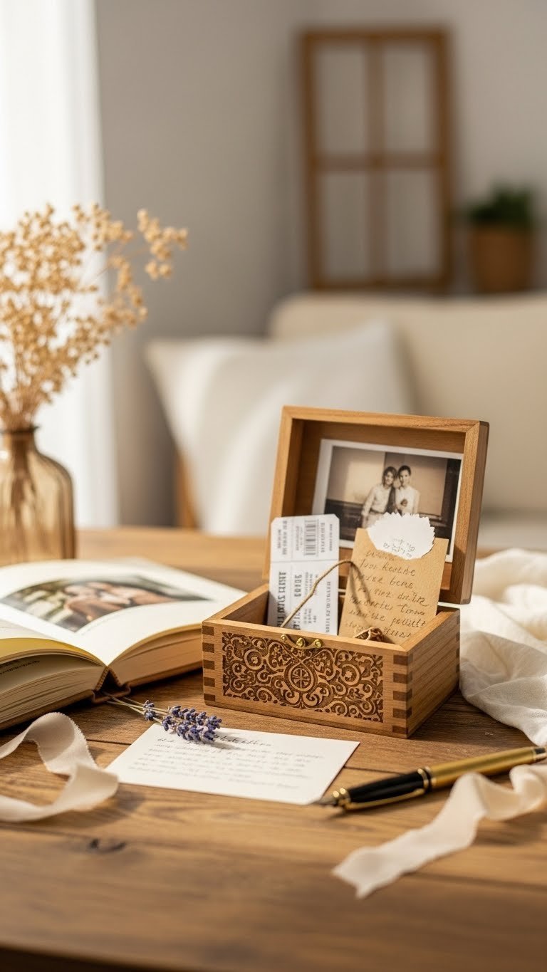 Close-up of an elegant memory keepsake box with concert tickets and trinkets displayed on rustic wood with soft natural lighting