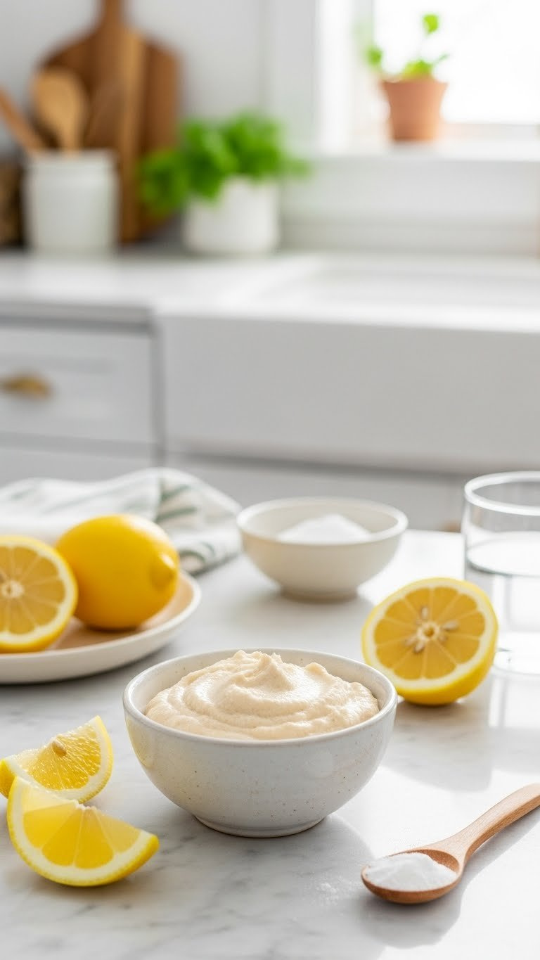 Close-up of baking soda and lemon paste in ceramic bowl with sliced lemons on marble countertop in bright natural light