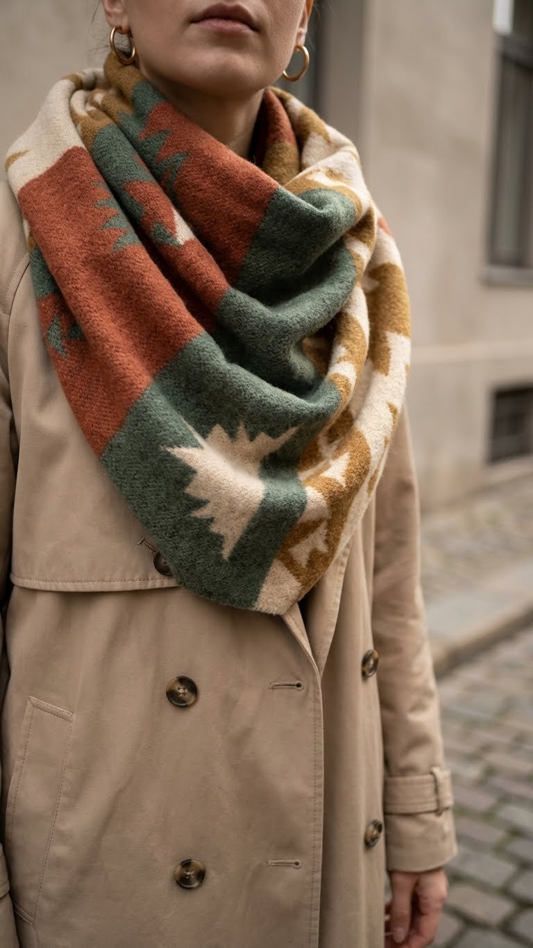 Close-up of beige trench coat with voluminous patterned wool scarf, dark trousers, gold hoop earrings.