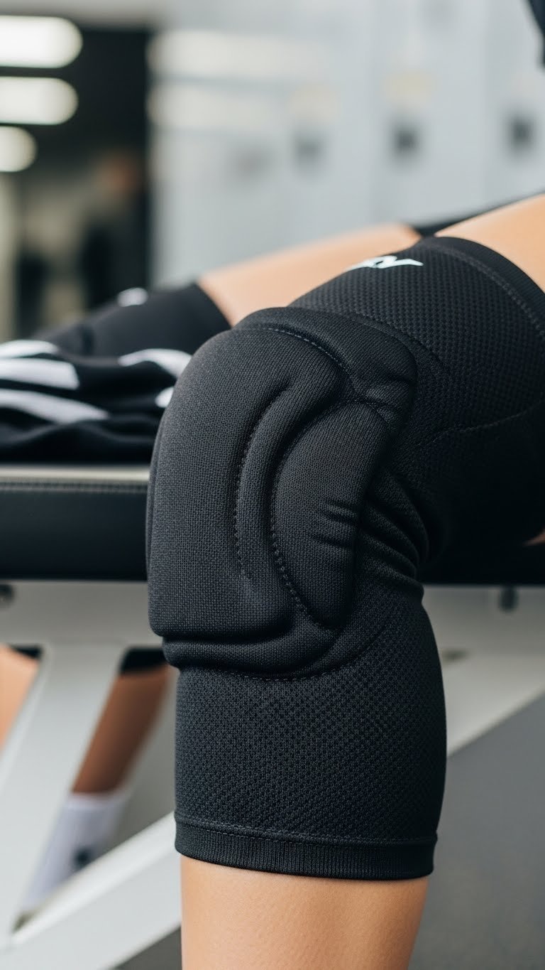 Close-up of black ergonomic volleyball knee pads with impact foam padding on white gym bench surface