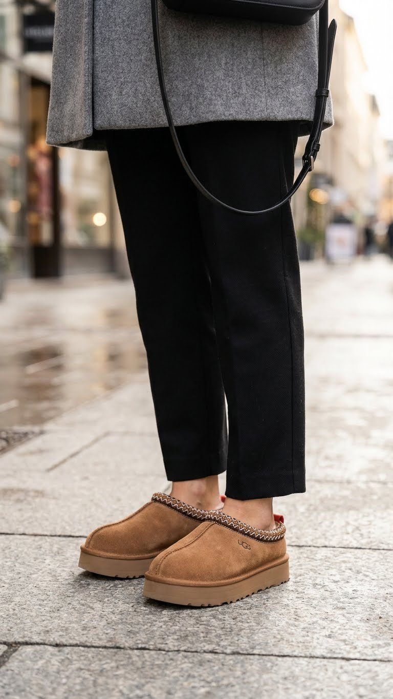 Close-up of chestnut Ugg Tazz platform boots with black wool trousers, gray coat hem, and a crossbody bag. Sophisticated winter style.