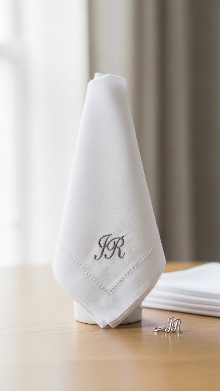 Close-up of classic initial embroidery on white cotton handkerchief with delicate stitching detail and soft natural lighting on wooden table