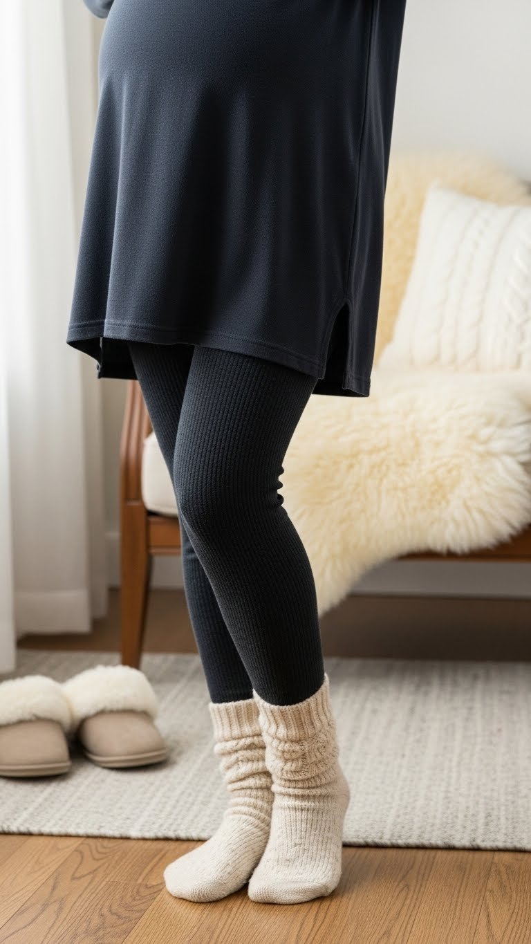 Close-up of cozy winter maternity outfit: dark thermal leggings, warm socks, tunic hem, emphasizing comfort and fit.
