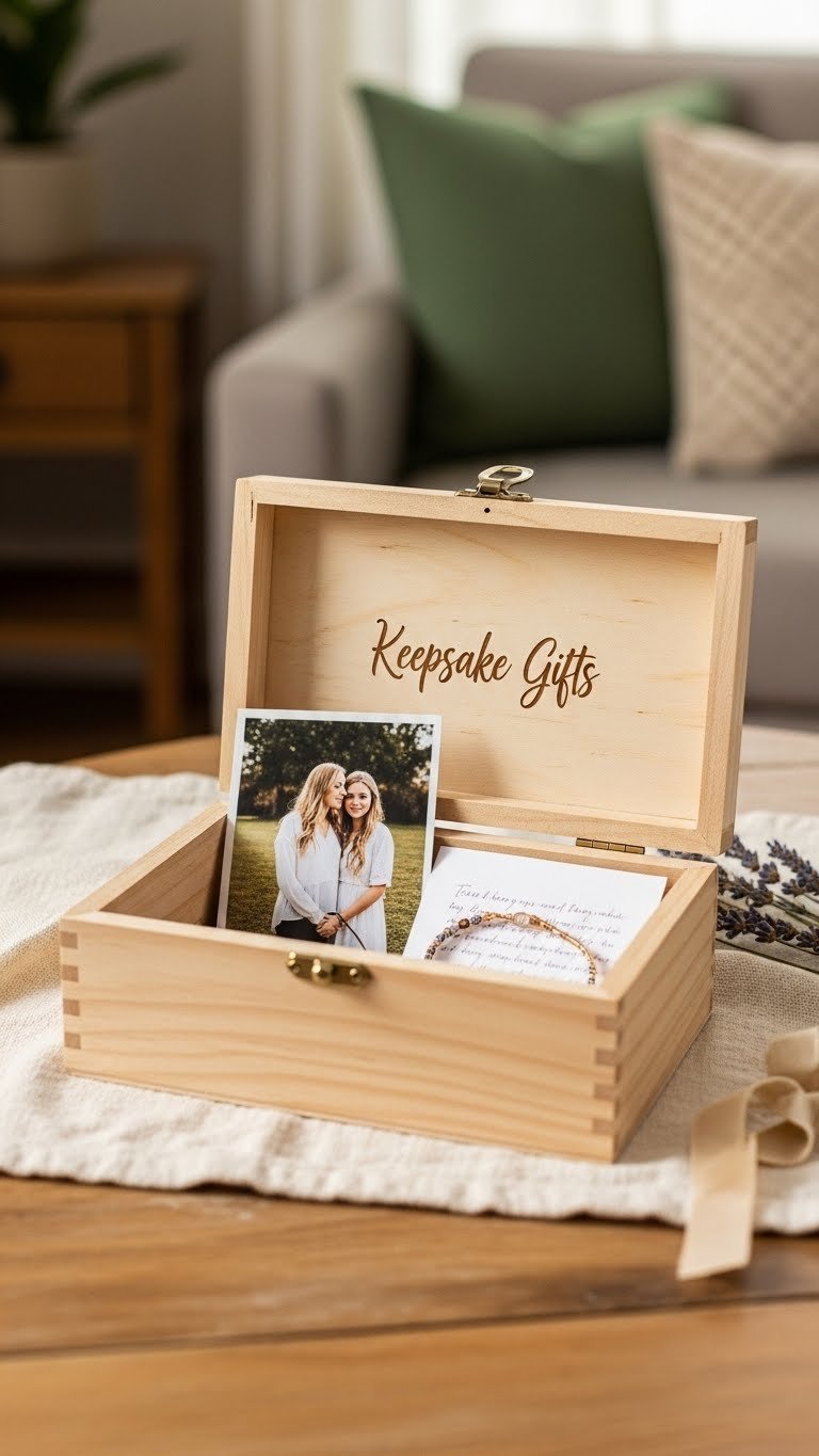 Close-up of custom-engraved wooden keepsake box filled with cherished photographs and friendship bracelet on rustic table