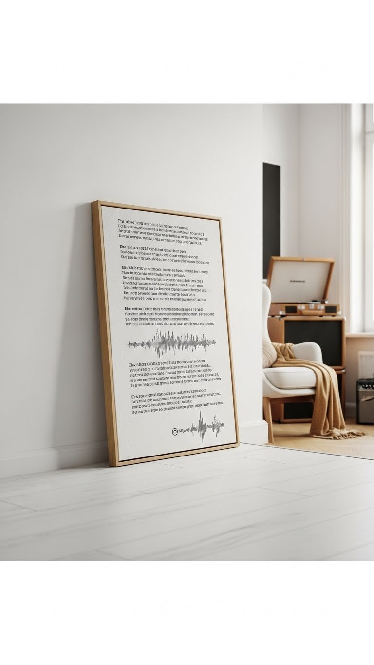 Close-up of custom song lyrics canvas gift with elegant typography displayed on clean white wall