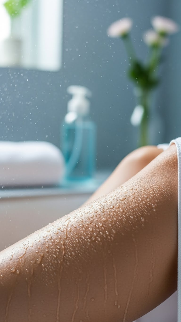 Close-up of damp skin with shimmering water droplets ready for hair removal against blurred spa backdrop