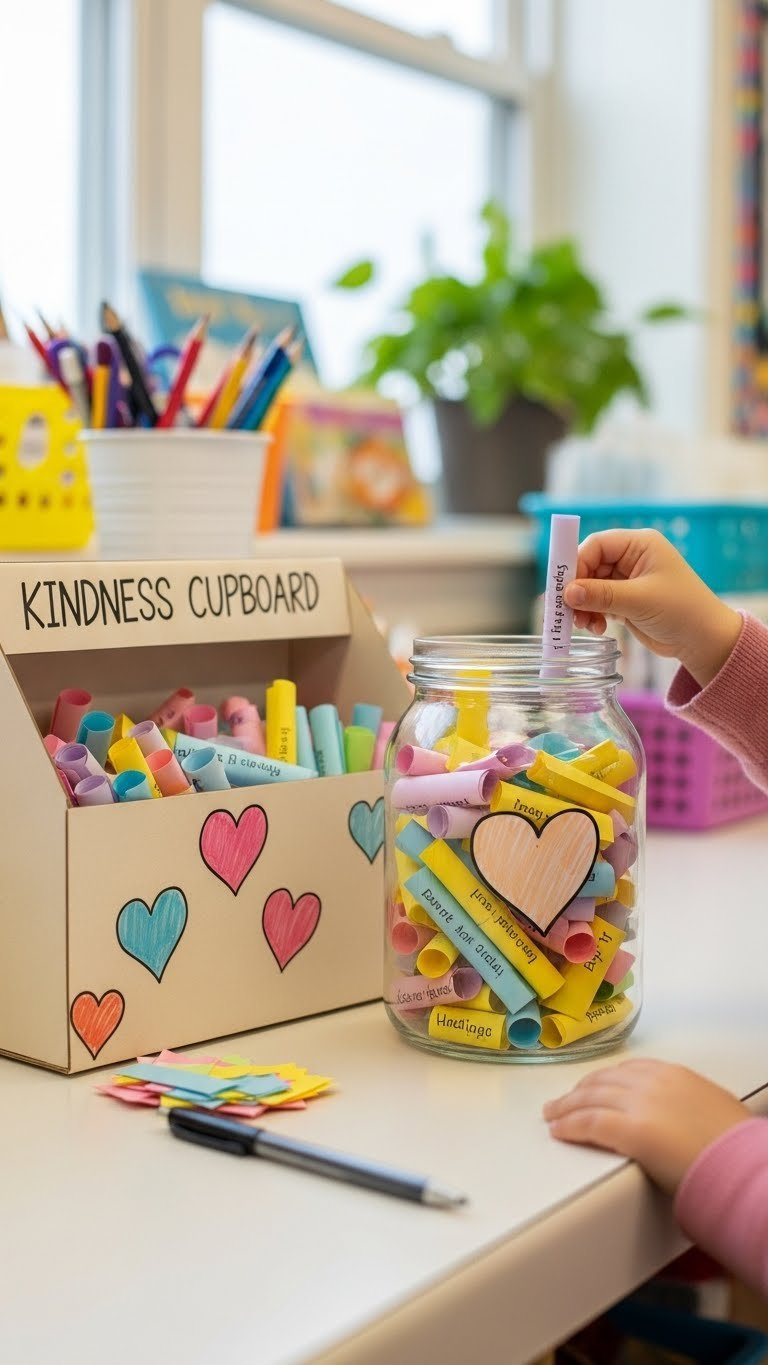 Close-up of decorated kindness jar filled with colorful paper slips representing student acts of kindness