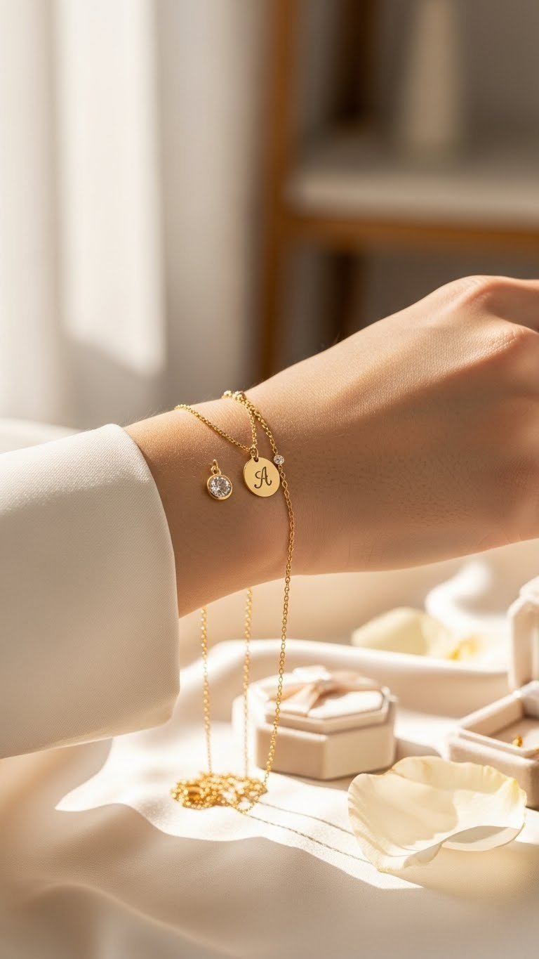 Close-up of delicate gold-plated birthstone necklace with engraved initial pendant layered with chain bracelet on elegant wrist against silk cloth.