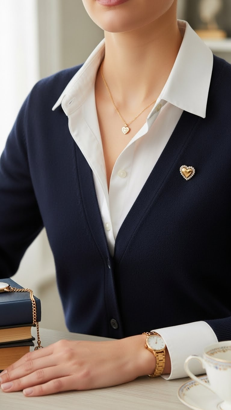 Close-up of delicate heart-themed accessories including gold necklace and brooch on navy cardigan