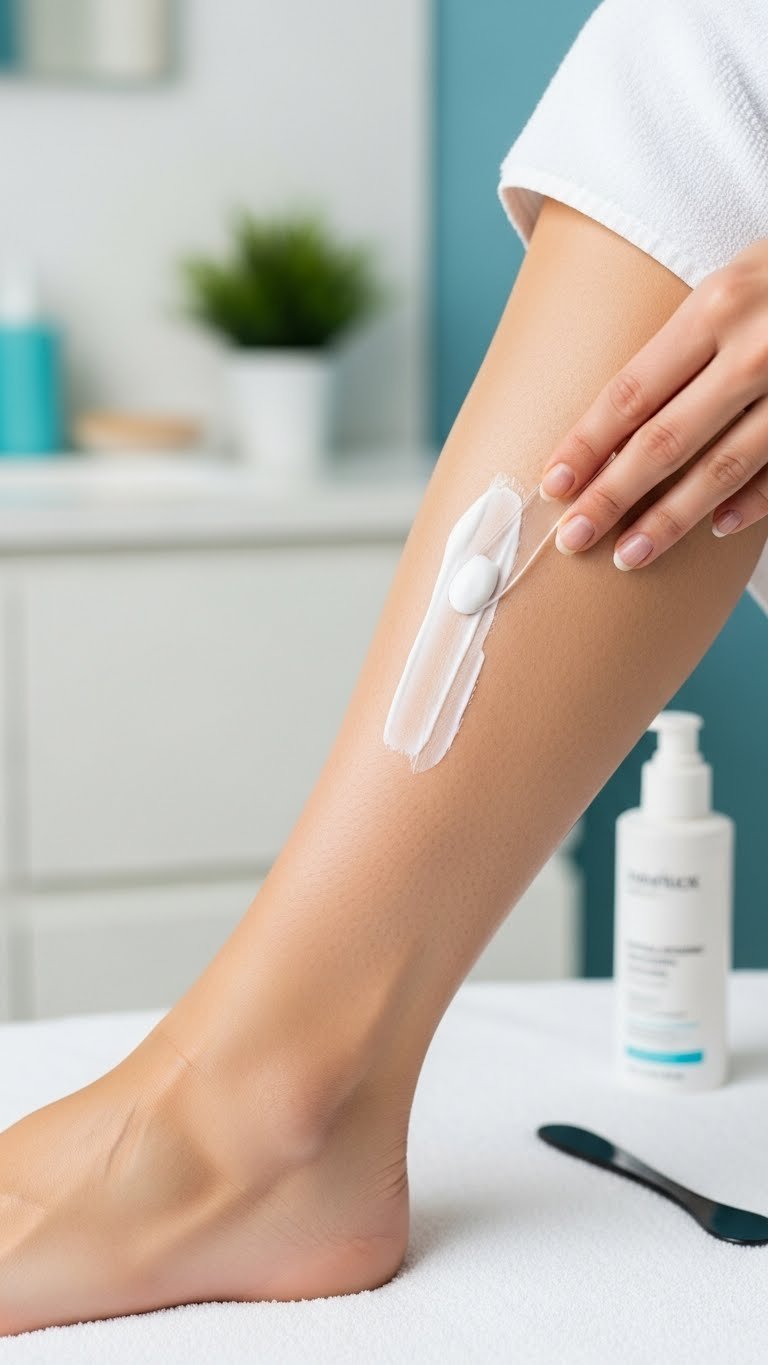 Close-up of depilatory cream application on sensitive skin with spatula against soft bathroom background