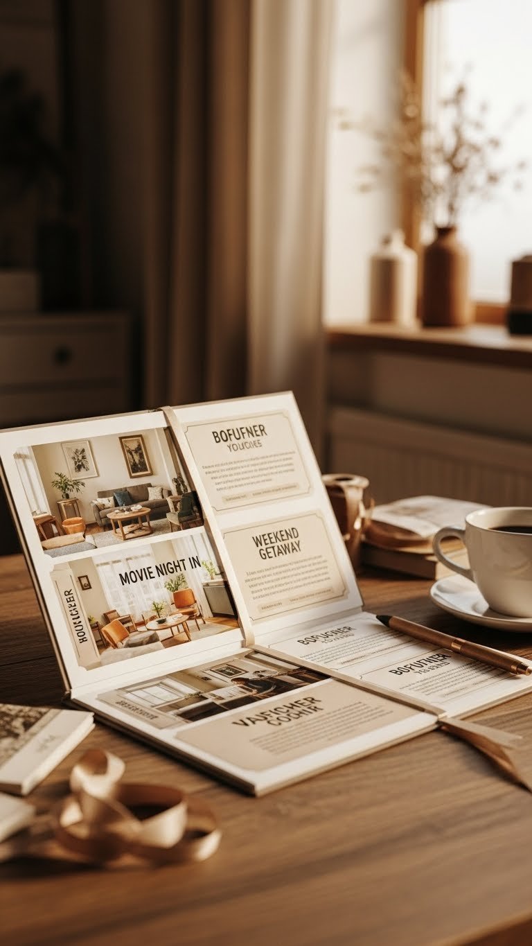 Close-up of elegant custom experience voucher book on rustic wooden table with warm lighting and soft bokeh background
