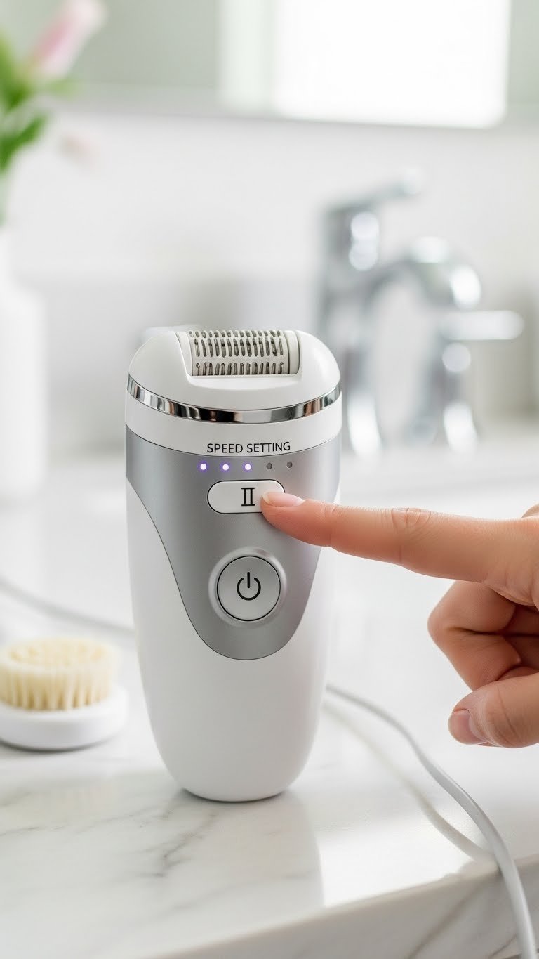 Close-up of epilator speed settings with finger adjusting dial on clean white marble countertop
