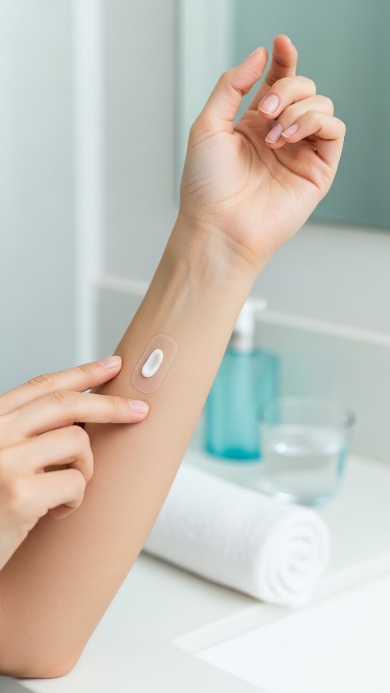 Close-up of forearm skin patch test with small dab of hair removal cream on clean dry skin
