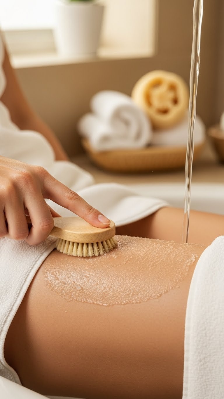 Close-up of gentle exfoliation with natural brush on thigh skin preparing for hair removal